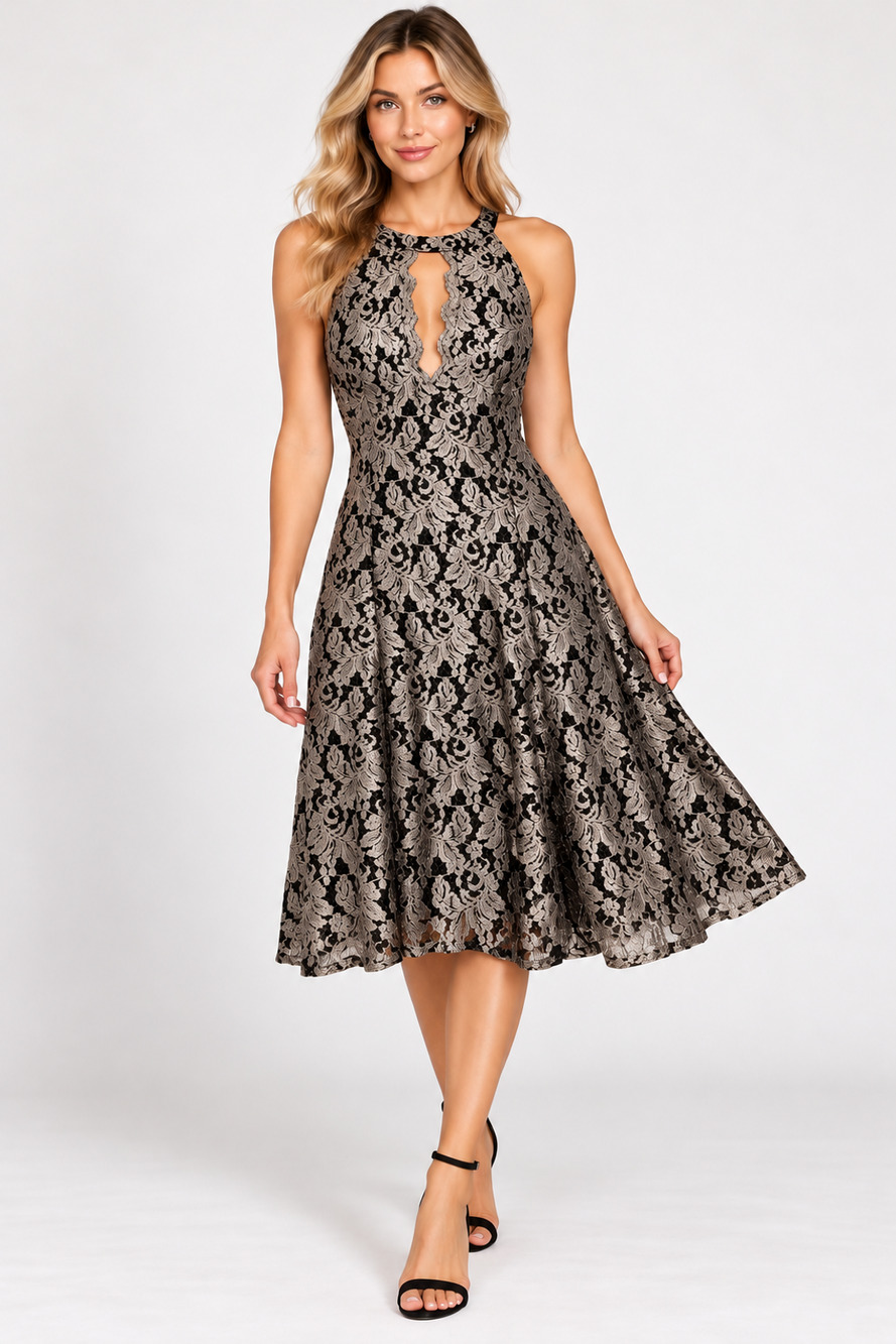 R&M Richards Metallic Lace Halter Dress Keyhole Sz 18 Plus 21714MJ $100